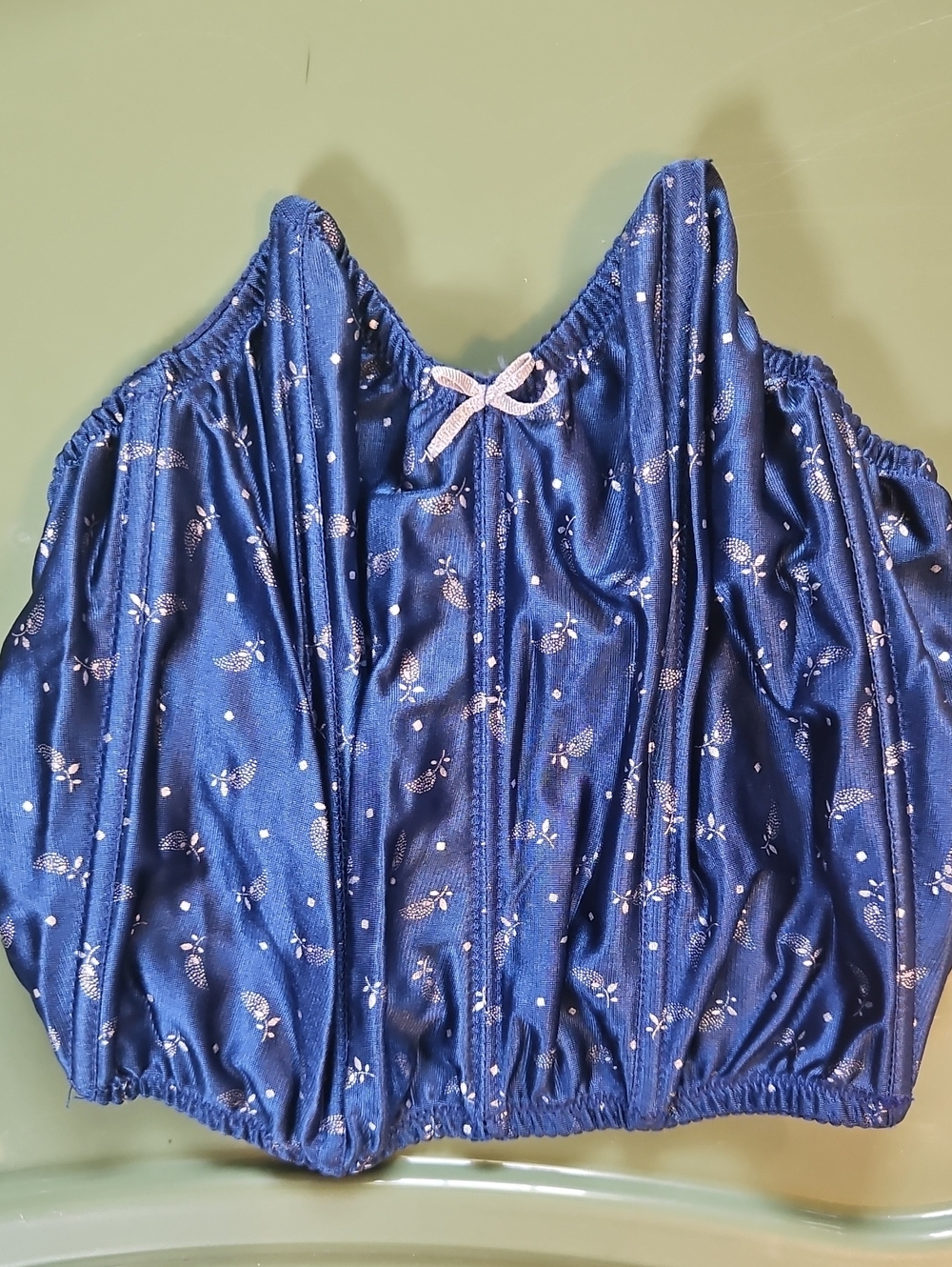 Navy Blue Floral Satin Crop Tank with Pink Bow